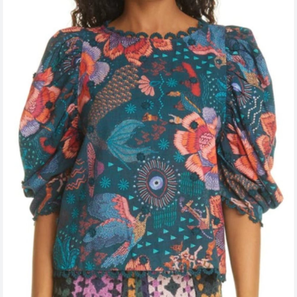 FARM RIO Women Large River Creatures Puff Sleeve Top in Teal Trim Button Back